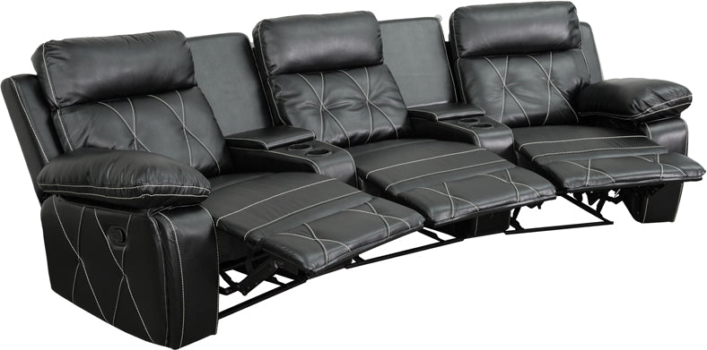 Black Leather Pillow Top 3-Seat Home Theater Recliner W/ Push-Back