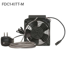 Load image into Gallery viewer, Lowell Mfg DC Standalone Fan, (1) 4.7in Fan, 73cfm total, 33dB, universal power supply w adaptors, Thermostat Probe