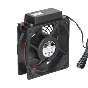 Lowell Mfg DC Standalone Fan, (1) 4.7in Fan, 73cfm total, 33dB, universal power supply w adaptors, Thermostat Probe