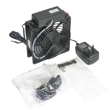 Load image into Gallery viewer, Lowell Mfg DC Standalone Fan, (1) 4.7in Fan, 73cfm total, 33dB, universal power supply w adaptors, Thermostat Probe