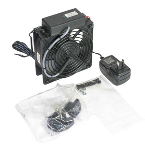 Lowell Mfg DC Standalone Fan, (1) 4.7in Fan, 73cfm total, 33dB, universal power supply w adaptors, Thermostat Probe