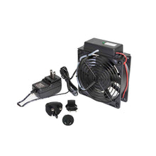 Load image into Gallery viewer, Lowell Mfg DC Standalone Fan, (1) 4.7in Fan, 73cfm total, 33dB, universal power supply w adaptors, Thermostat Probe