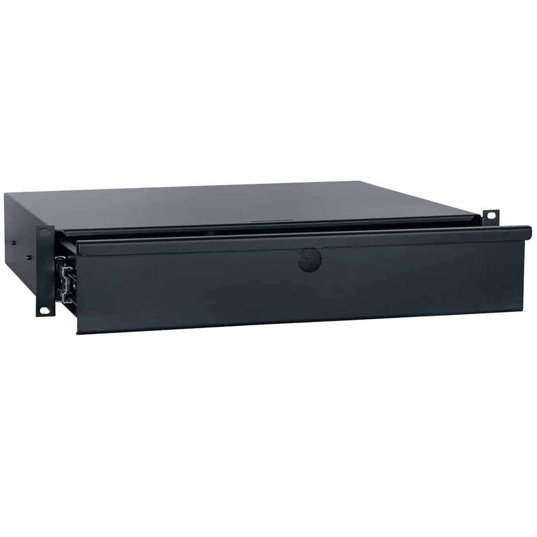 Lowell Mfg Rackmount Utility Drawer with Key Lock, Slam Latch, Mat Liner, 2U x 14.437inD, 50lbs capacity