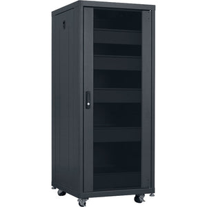 Lowell Mfg Equipment Rack-Designer-27U, 24inD, Glass Front Door, Steel Rear Door, Removable Side Panels